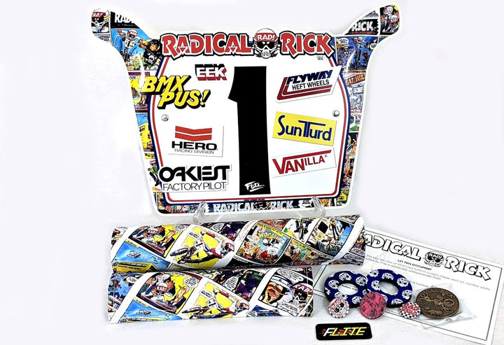 Radical Rick Comic strip box set, Collectable, Damian Fulton, Flite BMX, Numberplate, hand molded, BMX Donuts, 3 piece pad set fits 1 inch frames, Frame pad, bar pad, stem pad, comics, Certificate of Authenticity, Collector Coin, Hat pins, pins, Gold coin, Flite BMX 2022