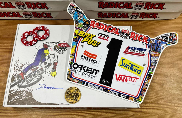 Radical Rick Comic Strip Numberplate handlebar mount BMX donuts collector coin Damian Fulton by Flite BMX collector box