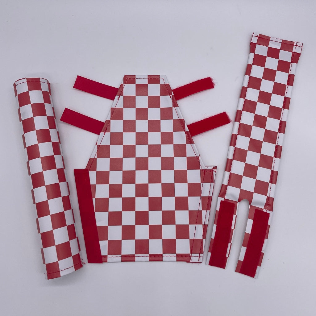 Quad Angle BMX pad set by Flite Checker with extra wide bar pad and 14" stem printed on smooth nylon red and white checker