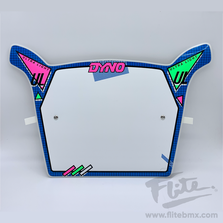 white, blue, pink, green old school BMX numberplate, Dyno UL numberplate
