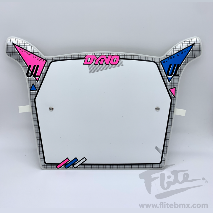 Metallic Silver white dyno UL numberplate, GT Dyno, Compe,  BMX Numberplate