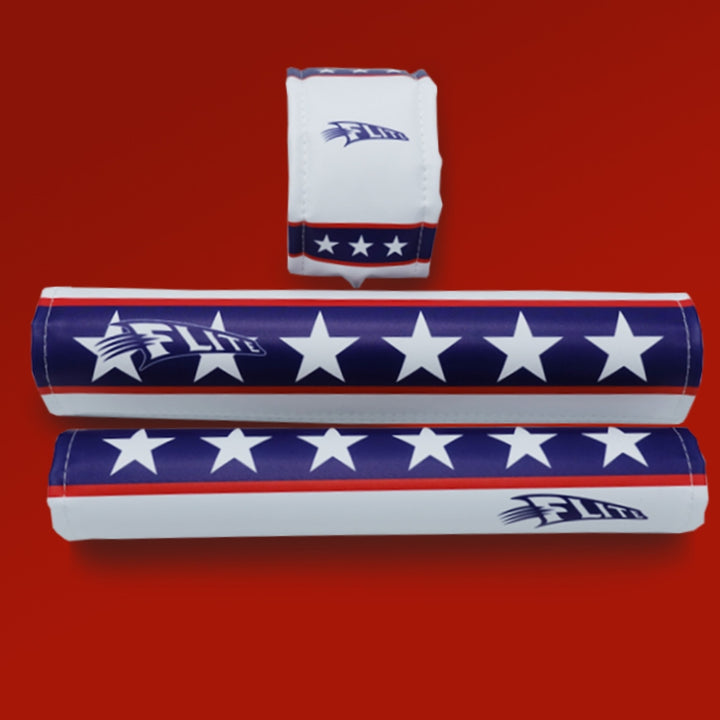 Daredevil BMX pad set by Flite Evil Knievel inspired repop extra wide handlebar for cruiser with 13" stem red white and blue stars