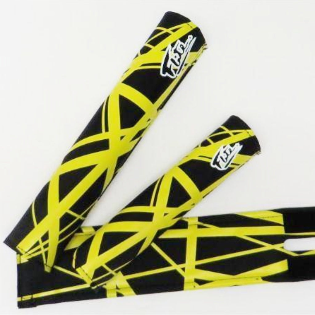 Jump! BMX Pad Set By Flite 3 piece set frame bar stem pad Red with white black stripes music printed on smooth nylon made in the USA Black with yellow stripes