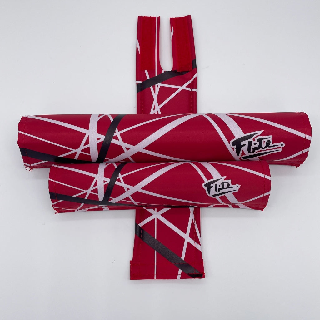 Jump! BMX Pad Set By Flite 3 piece set frame bar stem pad Red with white black stripes music printed on smooth nylon made in the USA Red