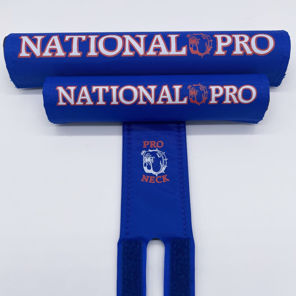 National Pro BMX Pad sets by Flite 3 piece set frame bar stem pad textured nylon printed made in the USA blue with red white logo