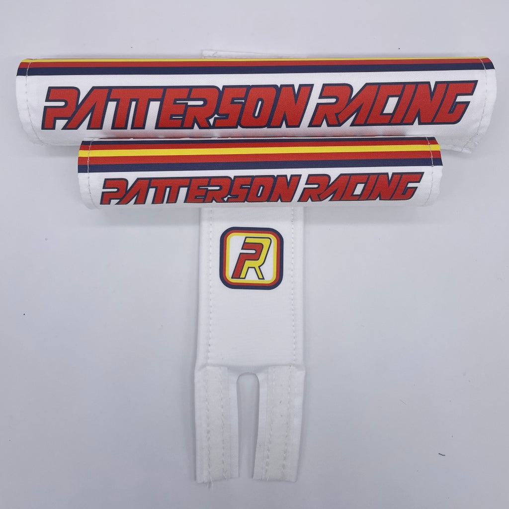 Patterson Racing BMX pad set by Flite white textured nylon with printed logo 3 piece set