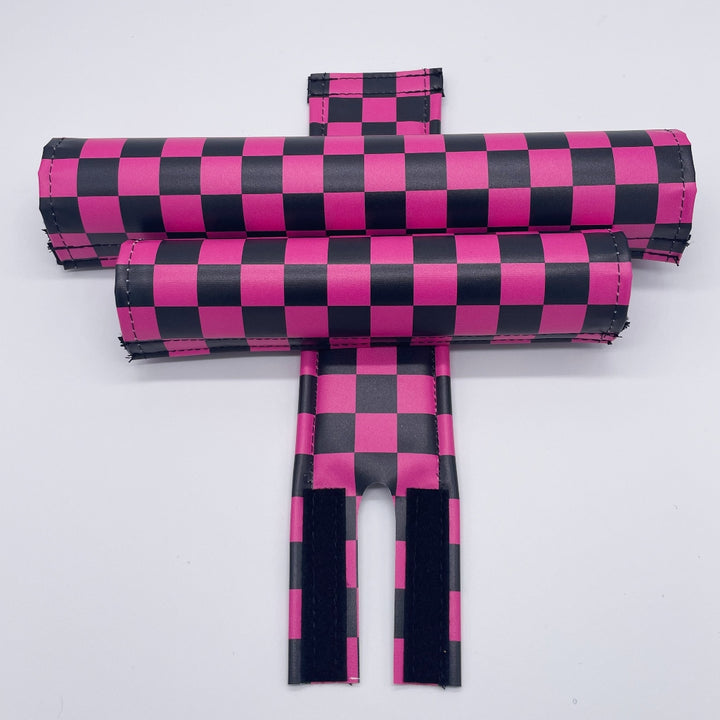 Checker pad set by Flite bar frame stem pad 80's 90's retro BMX made in the USA Black and Radberry Pink