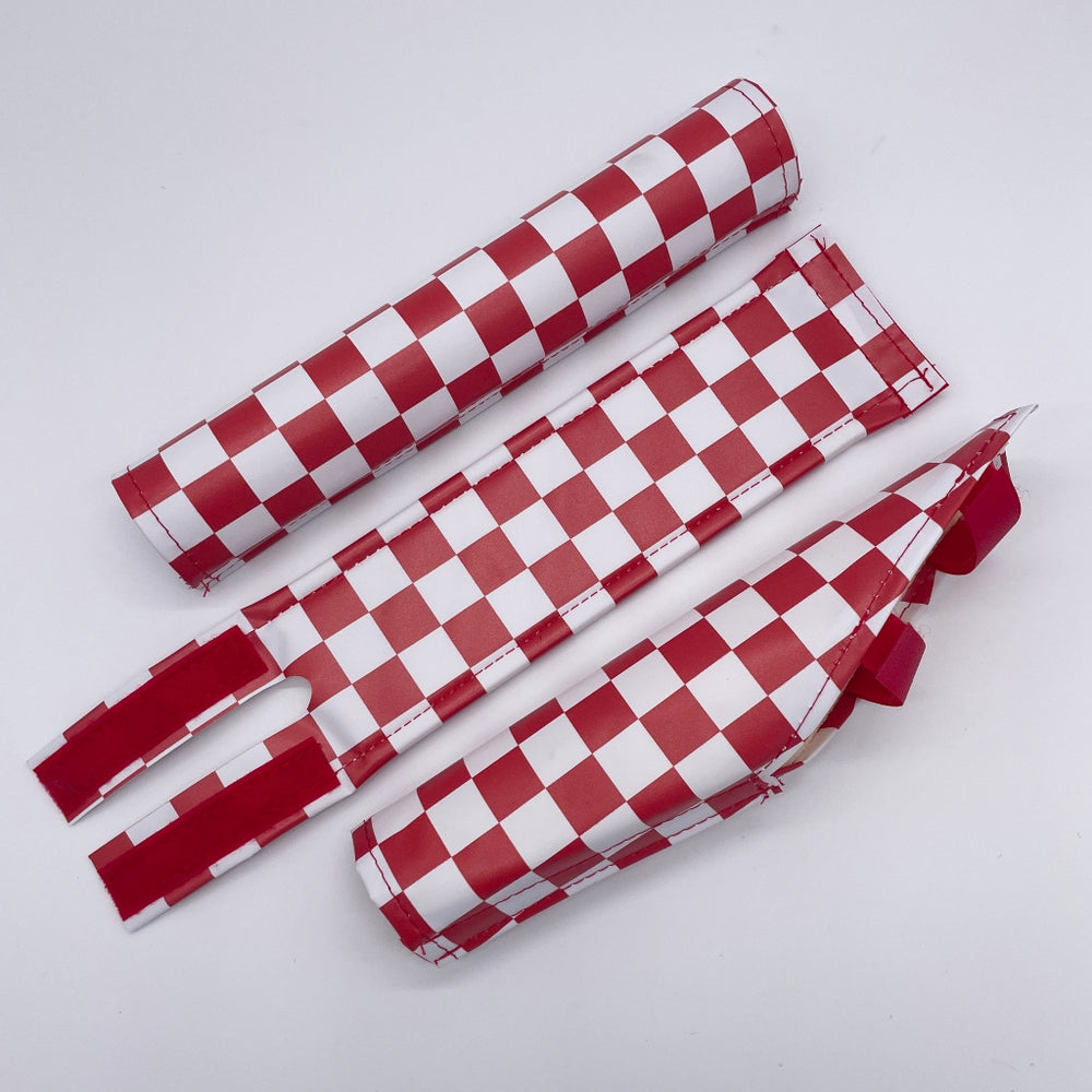 Quad Angle BMX pad set by Flite Checker with extra wide bar pad and 14" stem printed on smooth nylon red and white checker