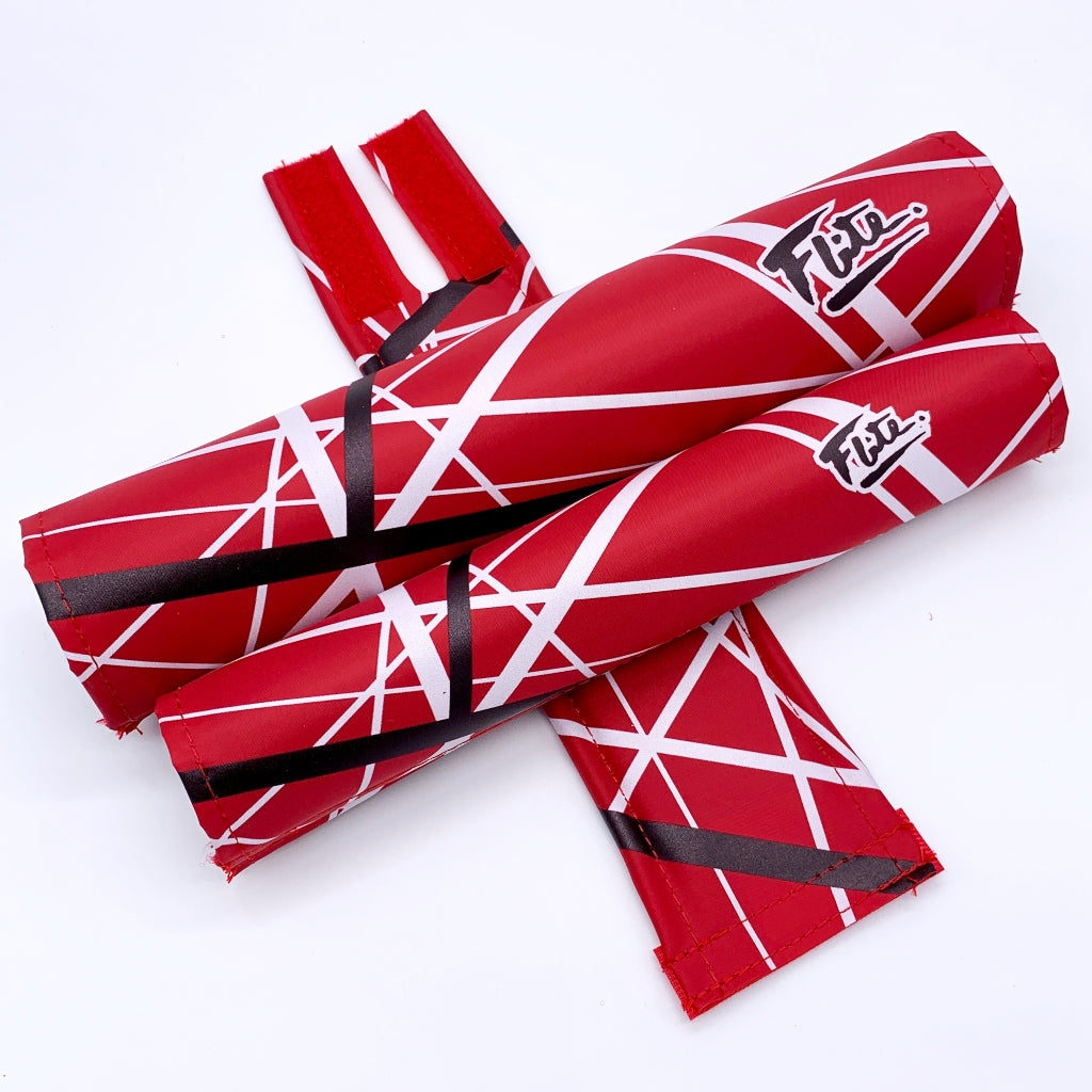 Jump! BMX Pad Set By Flite - Extra Wide Bar Pad for cruiser style handlebars 3 piece set frame bar stem pad Red with black and white stripes 